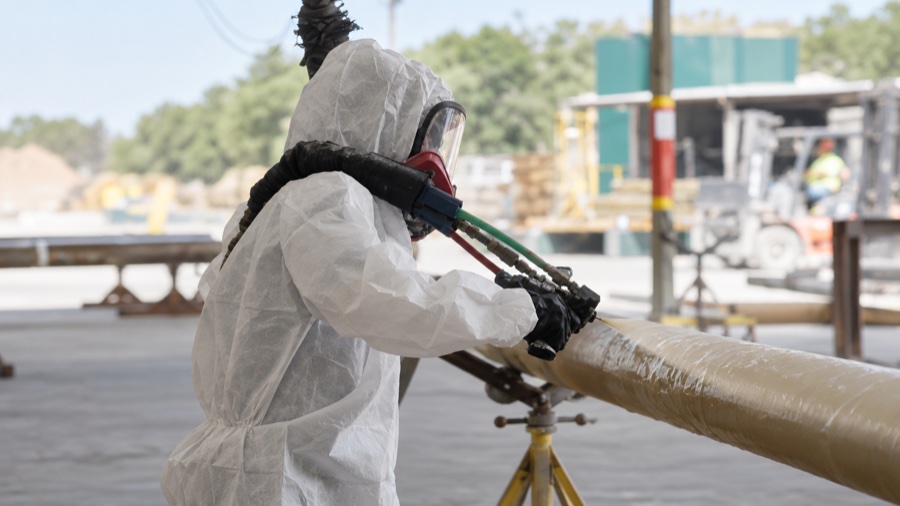 FR-60 fire-resistant coating being spray-applied to a utility pole